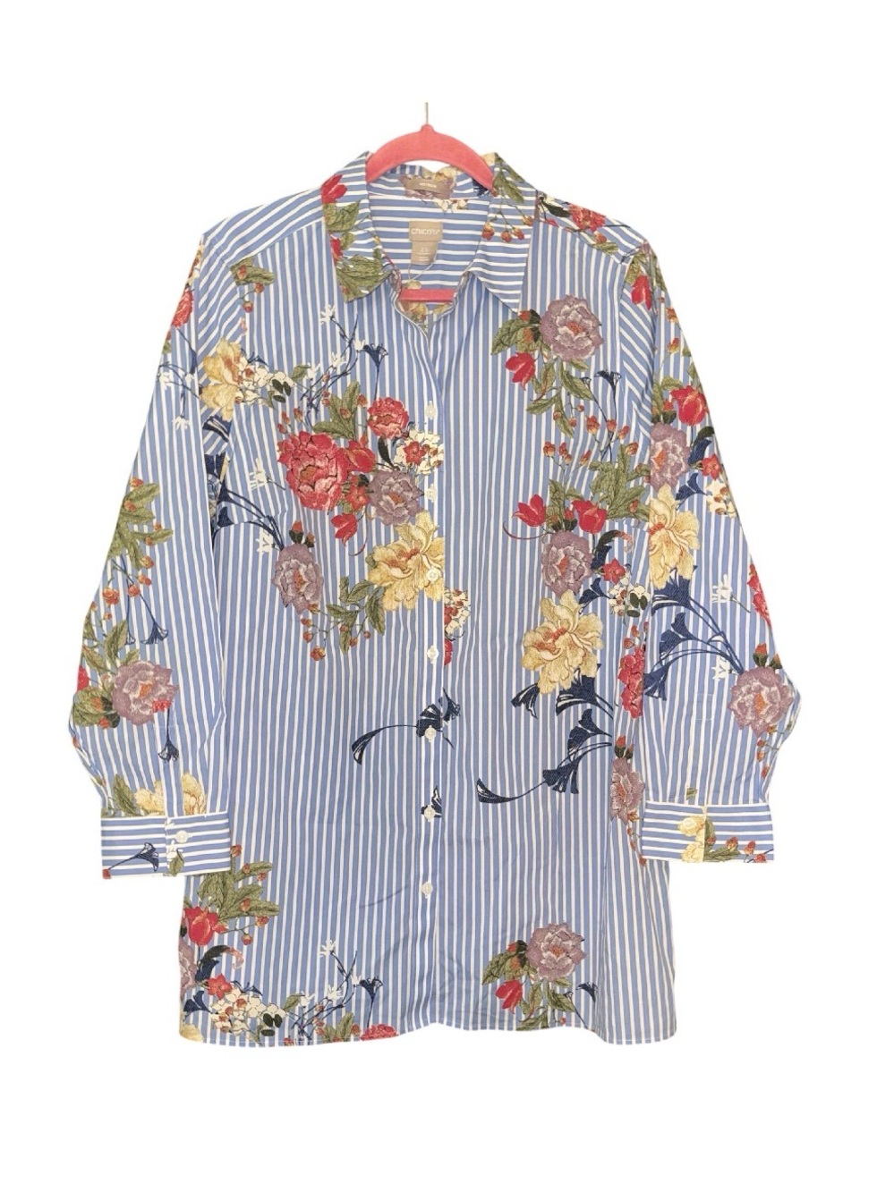 Chico's Blue and White Striped Floral Button-Down Shirt NWT (size 14)